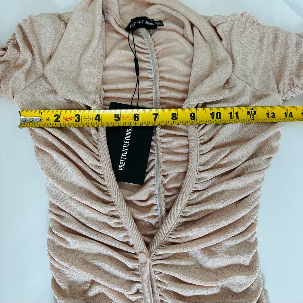 PRETTYLITTLETHING nude acetate slinky longsleeve rushed midaxi shirt dress 4 - Picture 5 of 11